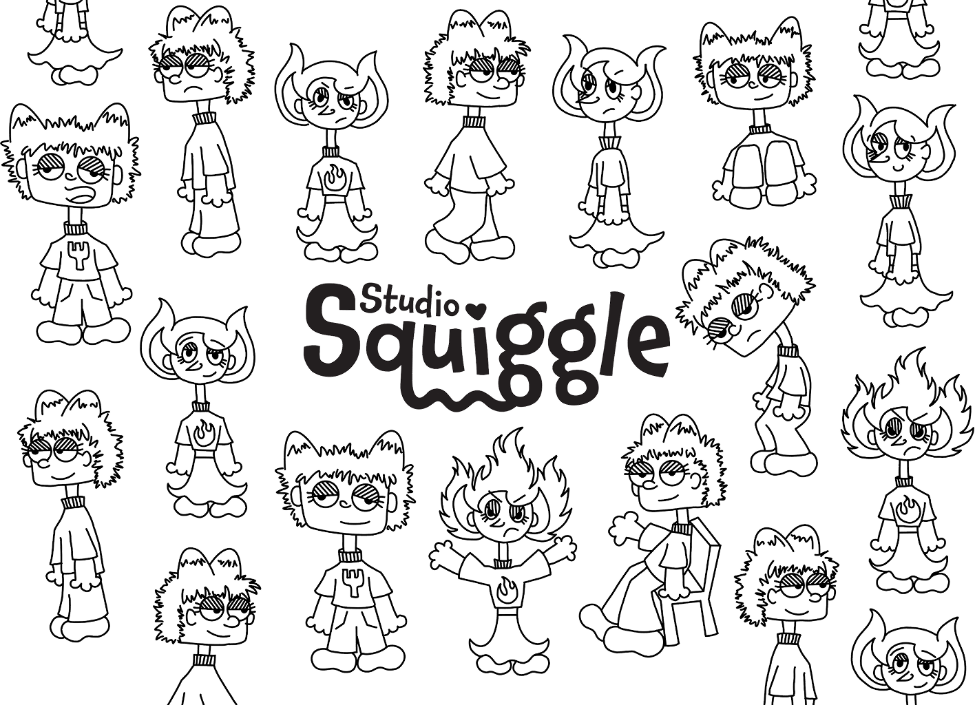 A wall of squiggly doodle characters around the Studio.Squiggle logo